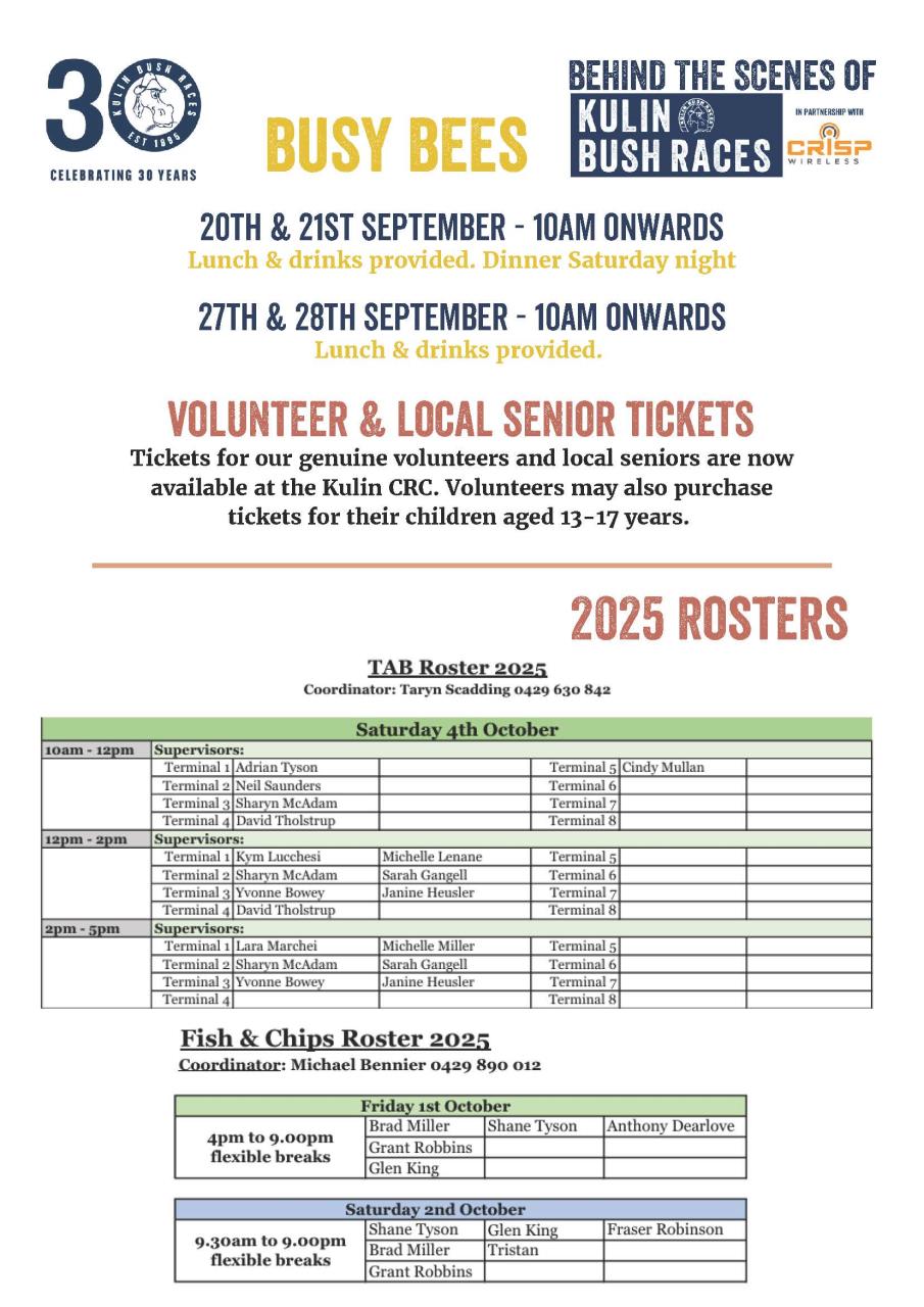 Kulin Bush Races Rosters 18 September 2025